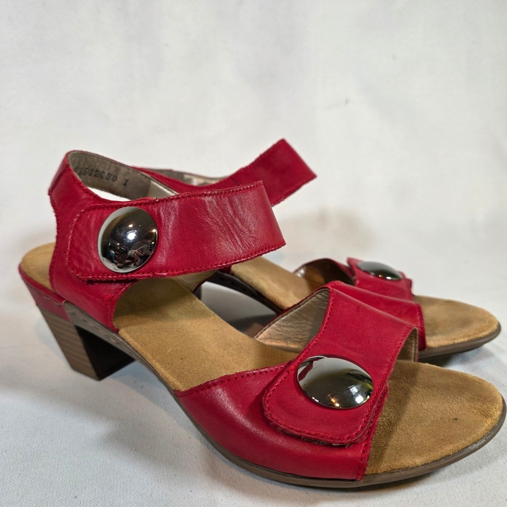RIEKER Aileen Red Leather Button Block Heel Sandals Size 39 Adjustable Straps